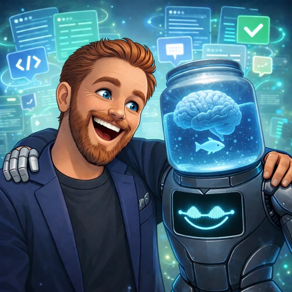 Vel — portrait of a brain in a jar with Turing the fish